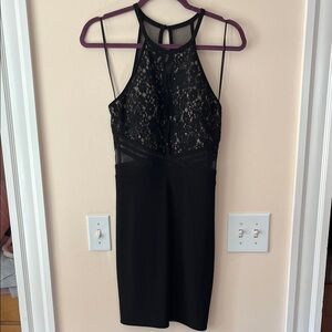 Elegant Black/Nude Lace and Mesh Halter Top Dress